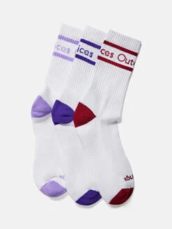 OV Club Crew Sock 3-Pack -Outdoor Voices Shop U602088 PCN WLC Club Crew Sock 3 Pack White Lilac White Dark PurpleWhite Cardinal FRONT 1 193